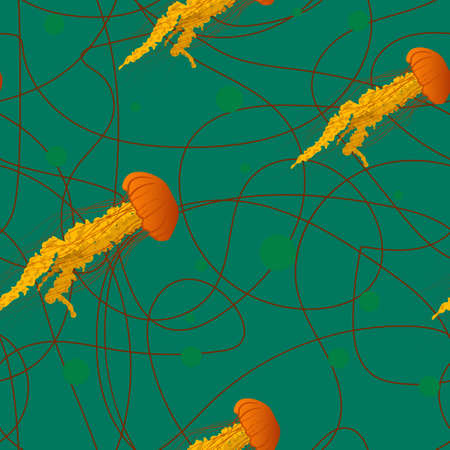 Glowing jellyfish on black background vector patternのイラスト素材