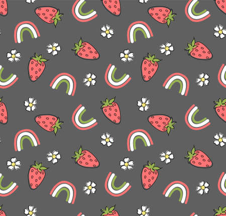 Seamless vector strawberry pattern. Whole stawberries with flower. Flat illustration for printing on textile or paper. Patternのイラスト素材