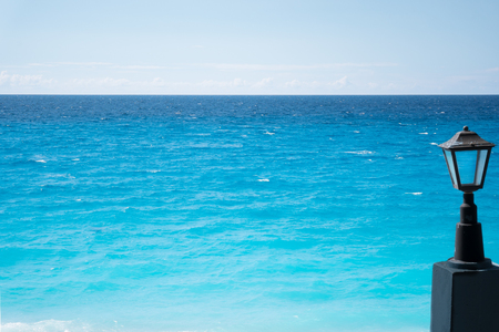 Street light near blue sea in Lefkada, Greeceの写真素材