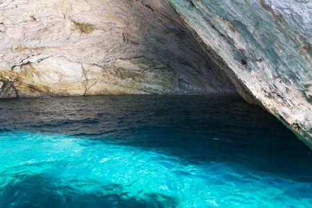 Blue ocean cave landscape in Lefkada, Greeceの写真素材