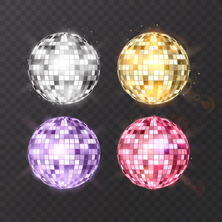 Disco ball on isolated background. Night Club party light element. Bright mirror ball design for disco dance club. Vector eps 10のイラスト素材
