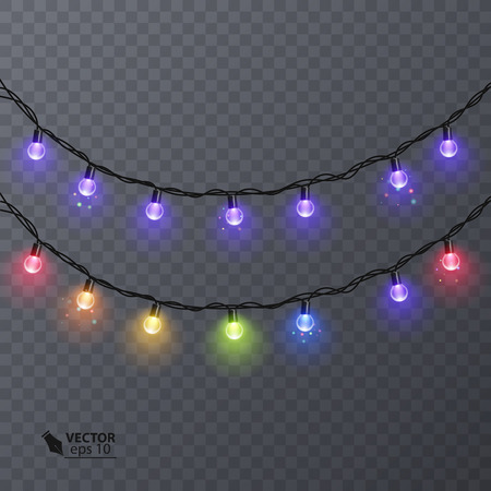 Set of color garlands, festive decorations. Glowing christmas lights isolated on transparent background. Vector illustrationのイラスト素材