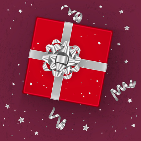 A realistic red gift box decorated with a silver bow, top view. Vector illustrationのイラスト素材
