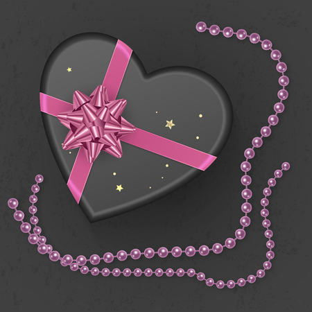 A realistic black gift box with shape of heart decorated with a pink bow, top view. Vector illustrationのイラスト素材
