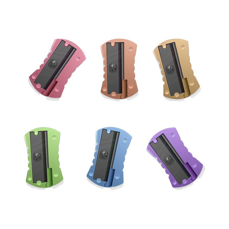 A set of realistic pencil sharpeners of bright, iridescent colors, metal sharpeners, consular accessoriesのイラスト素材