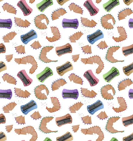 Seamless pattern with pencil shavings, realistic sharpener and a graphite isolated on white background, cover for your design. Vector illustrationのイラスト素材