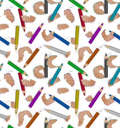 Seamless pattern with pencil shavings, realistic pencils of rainbow color isolated on white background, cover for your design.のイラスト素材