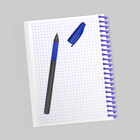 Blank realistic spiral notepad notebook and realistic pen isolated on grey background.のイラスト素材