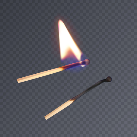 Realistic matches, lighted match and burned match. Vector illustration on dark backgroundのイラスト素材