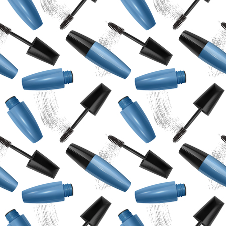 Vector seamless pattern with realistic 3d mascara, brush and mascara texture on white backgroundのイラスト素材