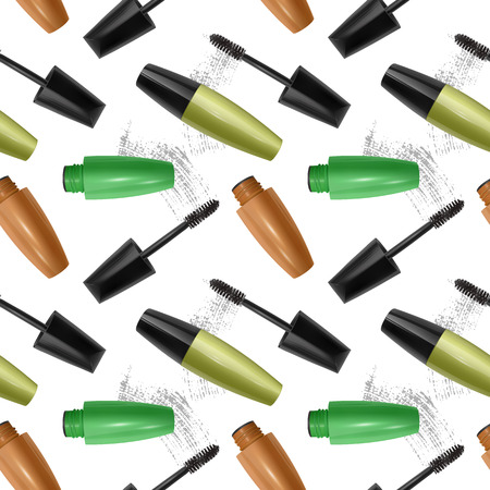 Vector seamless pattern with realistic 3d mascara, brush and mascara texture on white backgroundのイラスト素材