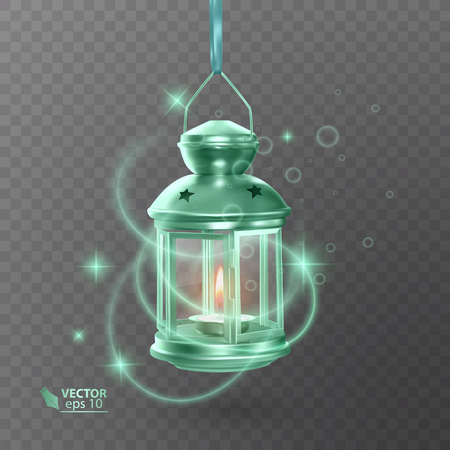 Vintage luminous lantern of green color, with lighting, shining effects, Isolated on transparent background. Vectorのイラスト素材