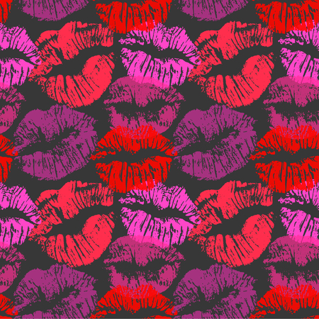 Seamless pattern with lipstick kisses. Colorful lips imprints of red purple and pink shades isolated on a black background. Endless ornament for your printのイラスト素材