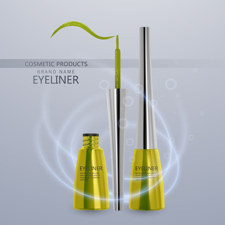 Liquid eyeliner, set of bright yellow color, eyeliner product mockup for cosmetic use in 3d illustration, isolated on light background. Vector illustrationのイラスト素材