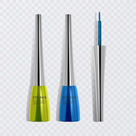 Liquid eyeliners, set of bright colorful eyeliners, product mockup for cosmetic use in 3d illustration, isolated on transperent background. Vector illustrationのイラスト素材