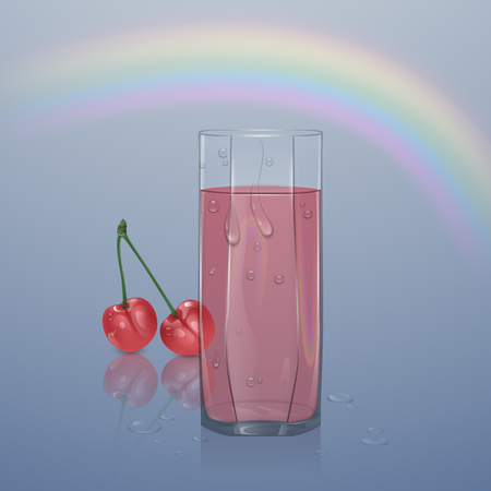 Realistic glass filled with juice on light background, clear glass with juice with water droplets, vector illustrationのイラスト素材