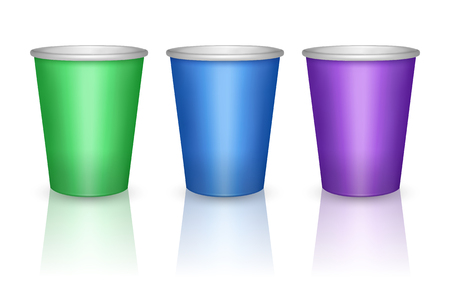 Colorful green, blue and purple paper cups isolated on white background, vector illustrationのイラスト素材