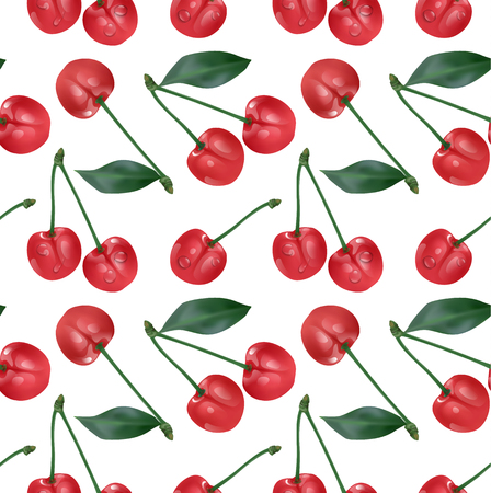 Cherry seamless pattern. Good for textile, wrapping, wallpapers, etc. Sweet red ripe cherries isolated on white background. Vector illustration.のイラスト素材