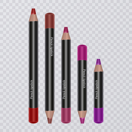 Set of realistic lip pencils on transparent background, lip liners of different bright colors, vector illustrationのイラスト素材