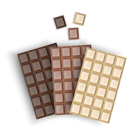 Set of realistic Chocolate bar packaging, isolated vector illustration, milk, white and black chocolate barsのイラスト素材