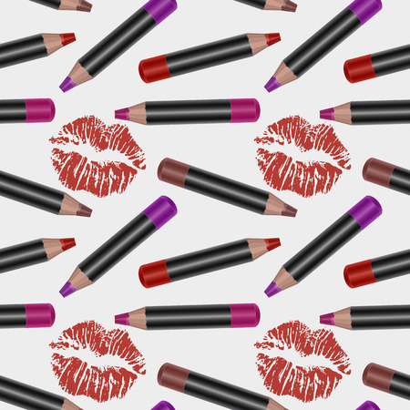 Vector, seamless pattern with realistic 3d lip pencils, product mockup, bright lip liners texture on white backgroundのイラスト素材
