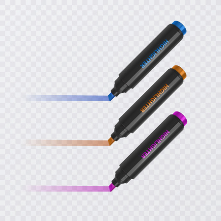 Collection of bright and colored highlighters with markings, realistic markers on transparent background, vector illustrationのイラスト素材