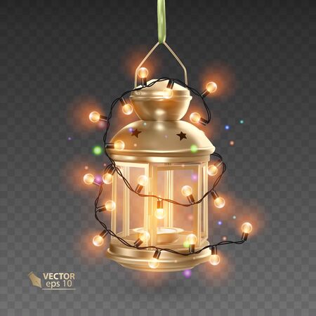 The Magic, golden lamp surrounded by luminous garlands, realistic lamp on transparent background, vector EPS 10 illustrationのイラスト素材