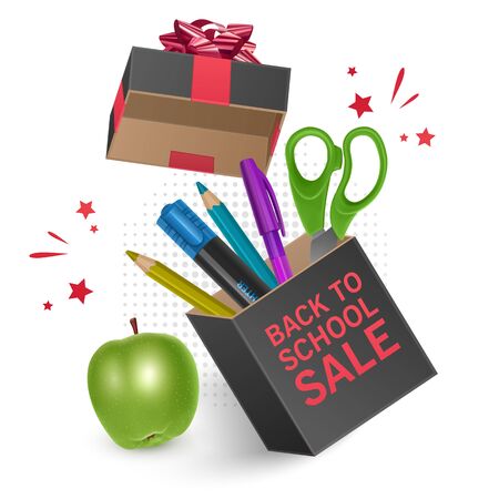 Back to school sale banner with black box decorated red bow, poster background with realistic school supplies. Special offer. Vector EPS 10 illustrationのイラスト素材