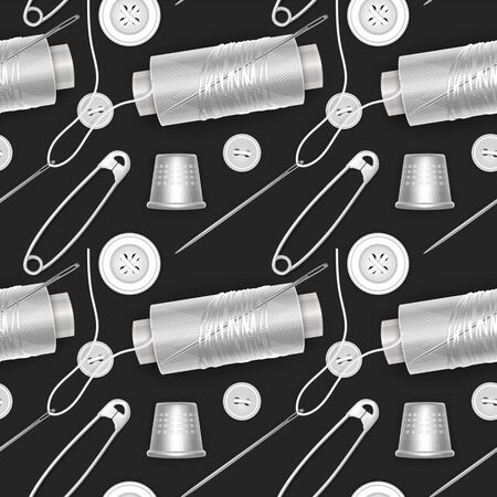Seamless pattern with White thread, White buttons, needle and pin for clothes, white color texture with black background, perfect for textile, Wallpaper, packaging, web pages, etc.のイラスト素材