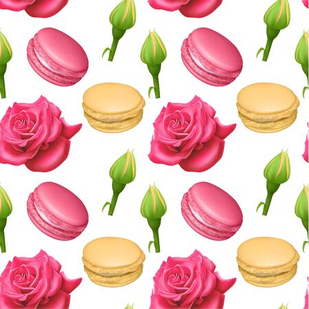 Seamless pattern with french sweet macaroons and roses. Fresh bakery. Can be used in food industry for wallpapers, posters, wrapping paper. Vector illustrationのイラスト素材