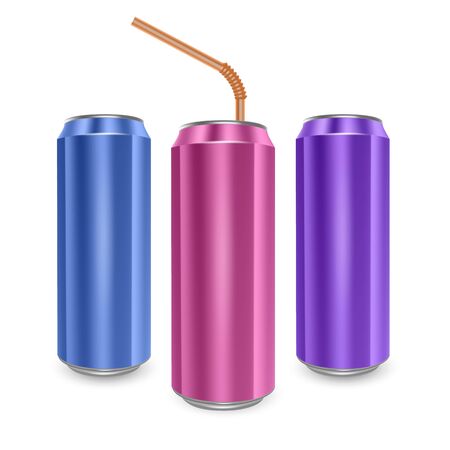 Set of Aluminum cans of Blue, Pink and Purple colors, isolated on white background. The image of the empty layout for your design, 3D Illustrationのイラスト素材