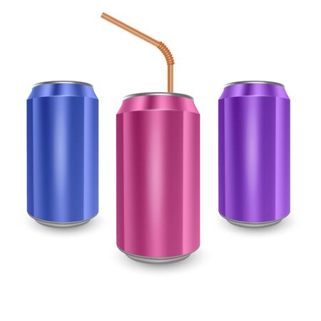 Set of Aluminum cans of Blue, Pink and Purple colors, isolated on white background. The image of the empty layout for your design, 3D Illustrationのイラスト素材