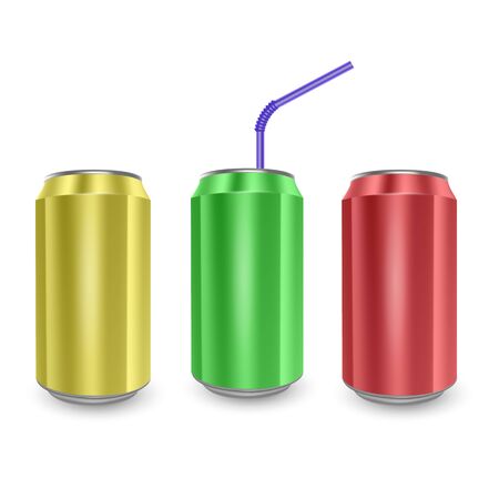 Set of Aluminum cans of yellow,green and red colors, isolated on white background. The image of the empty layout for your design, 3D Illustrationのイラスト素材