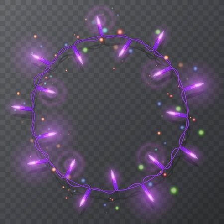 Christmas lights border vector, light string frame isolated on dark background with copy space. Glowing Purple lights for Xmas Holiday greeting card design. Vector EPS 10 illustrationのイラスト素材
