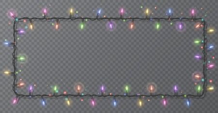 Christmas lights border vector, light string frame isolated on dark background with copy space. Glowing colorful lights for Xmas Holiday greeting card design. Vector EPS 10 illustrationのイラスト素材