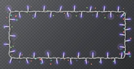 Christmas lights border vector, light string frame isolated on dark background with copy space. Glowing White lights for Xmas Holiday greeting card design. Vector EPS 10 illustrationのイラスト素材
