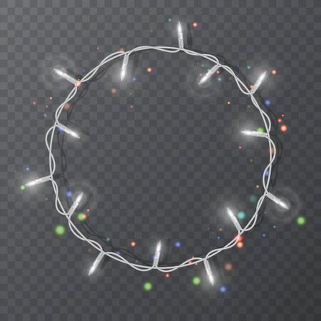 Christmas lights border vector, light string frame isolated on dark background with copy space. Glowing White lights for Xmas Holiday greeting card design. Vector EPS 10 illustrationのイラスト素材