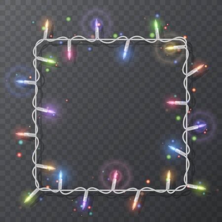 Christmas lights border vector, light string frame isolated on dark background with copy space. Glowing White lights for Xmas Holiday greeting card design. Vector EPS 10 illustrationのイラスト素材