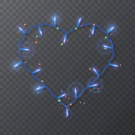 Frame in form of heart with realistic lights, Christmas lights isolated design, Garlands decoration elements. Glowing lights for Xmas Holiday greeting card design.のイラスト素材