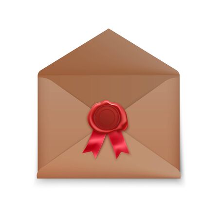 Realistic Old postage envelope with red seal wax isolated on white background. opened envelope with sealのイラスト素材