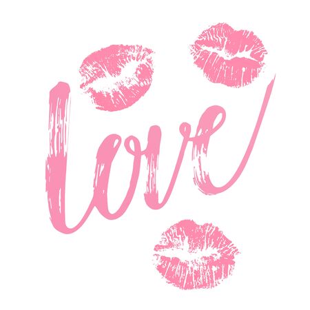 Postcard with the inscription love on Valentines day, Hand lettering card on white backgroundのイラスト素材