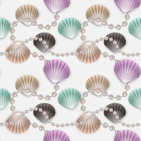 Seamless Endless Pattern with Print of colorful shells and pearls on white background. Can be used in food industry for wallpapers, posters, wrapping paper, wedding cards, Vector illustrationのイラスト素材