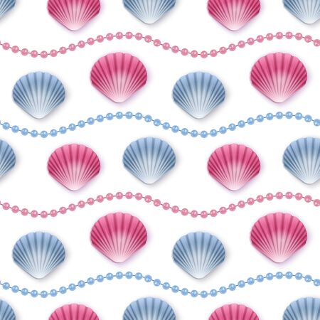 Seamless Endless Pattern with Print of colorful shells and pearls on white background. Can be used in food industry for wallpapers, posters, wrapping paper, wedding cards, Vector illustrationのイラスト素材
