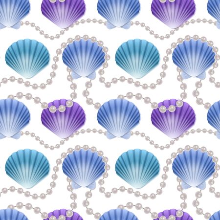 Seamless Endless Pattern with Print of colorful shells and pearls on white background. Can be used in food industry for wallpapers, posters, wrapping paper, wedding cards, Vector illustrationのイラスト素材