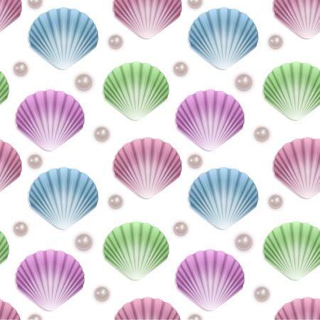 Seamless Endless Pattern with Print of colorful shells and pearls on white background. Can be used in food industry for wallpapers, posters, wrapping paper, wedding cards, Vector illustrationのイラスト素材