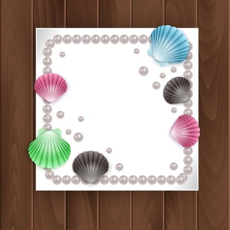 Card Pictures, shells and pearls on wooden background. Vector illustration. Summer holiday seashells frame.のイラスト素材