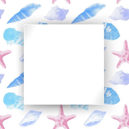 Summer holiday, seashells frame on Seamless Endless Pattern with Print of colorful shells on white background.のイラスト素材