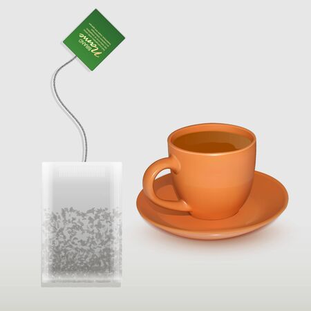 Realistic Cup of tea and shaped tea bag mock up. Isolated on white background, Element for design, advertising, packaging. Vector illustrationのイラスト素材