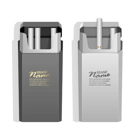 Realistic packs with light cigarettes, packs of white and black colors. Addiction is Dangerous, illustration of smoke concept on white background.のイラスト素材