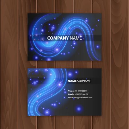 Black business card with blue neon lines, visit card on a wooden substrate, Vector illustrationのイラスト素材